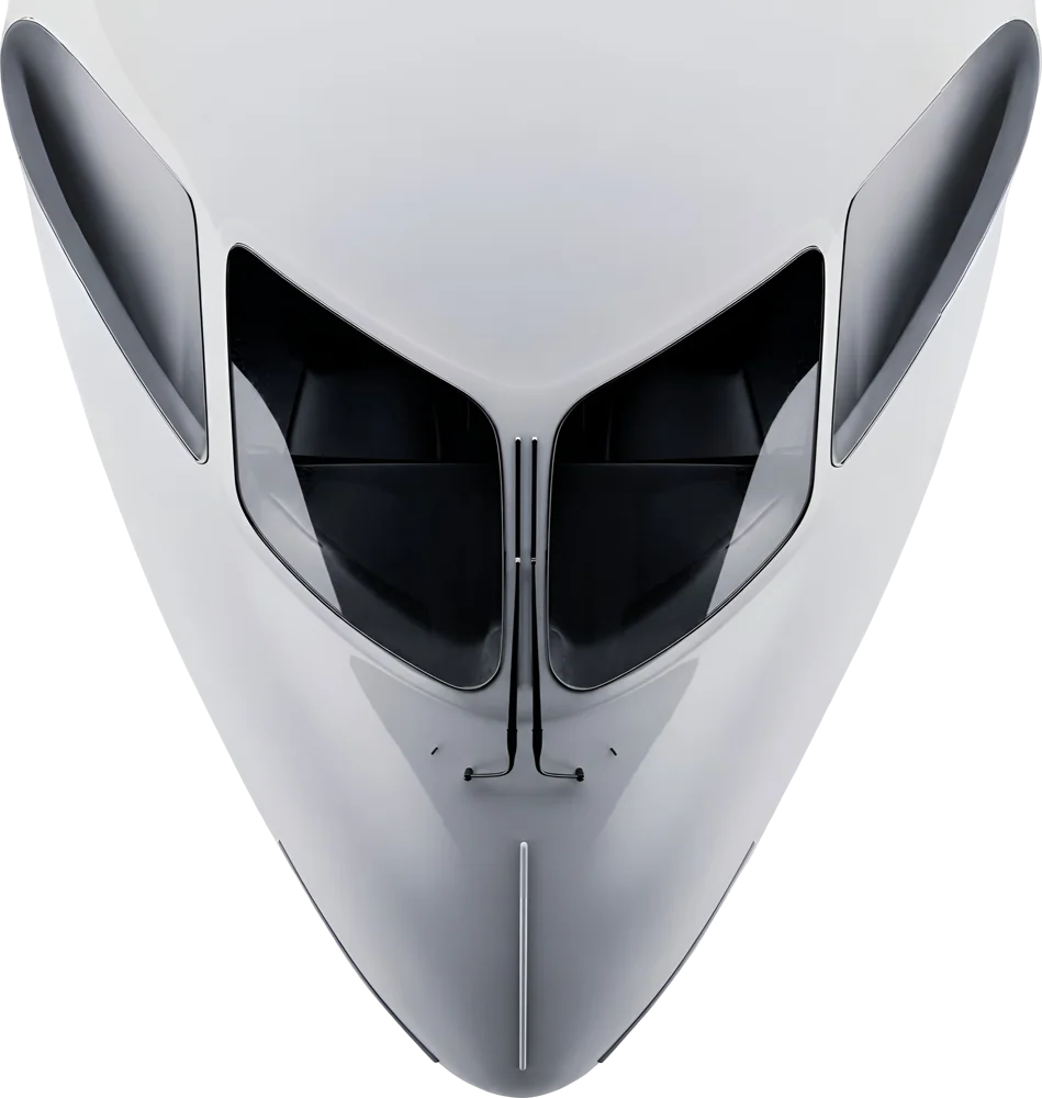 The nose and cockpit of a white private jet, seen from above